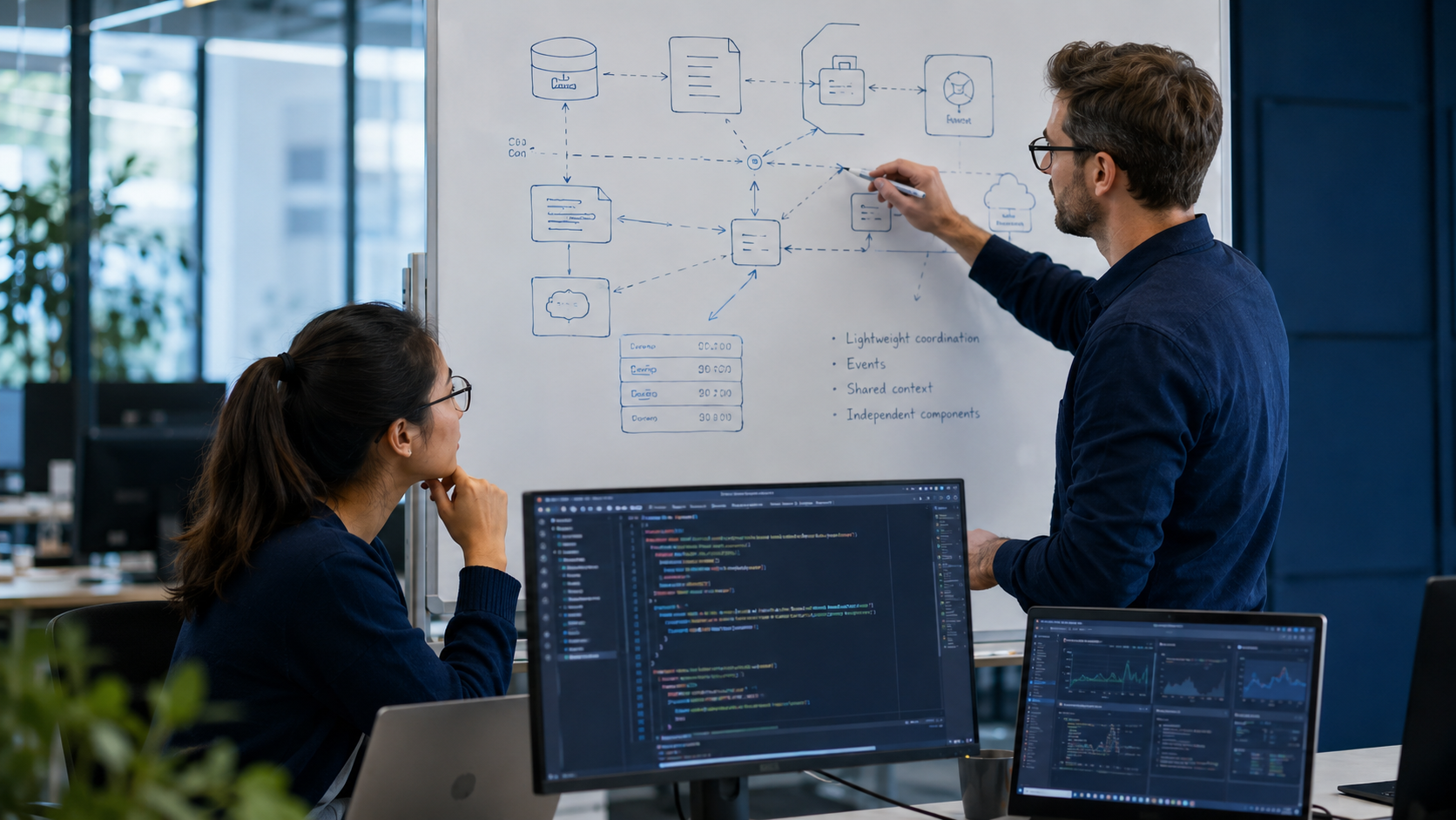 Ingenieure diskutieren leichtgewichtige Softwarekoordination an einem Whiteboard, während Code und Dashboards sichtbar bleiben.