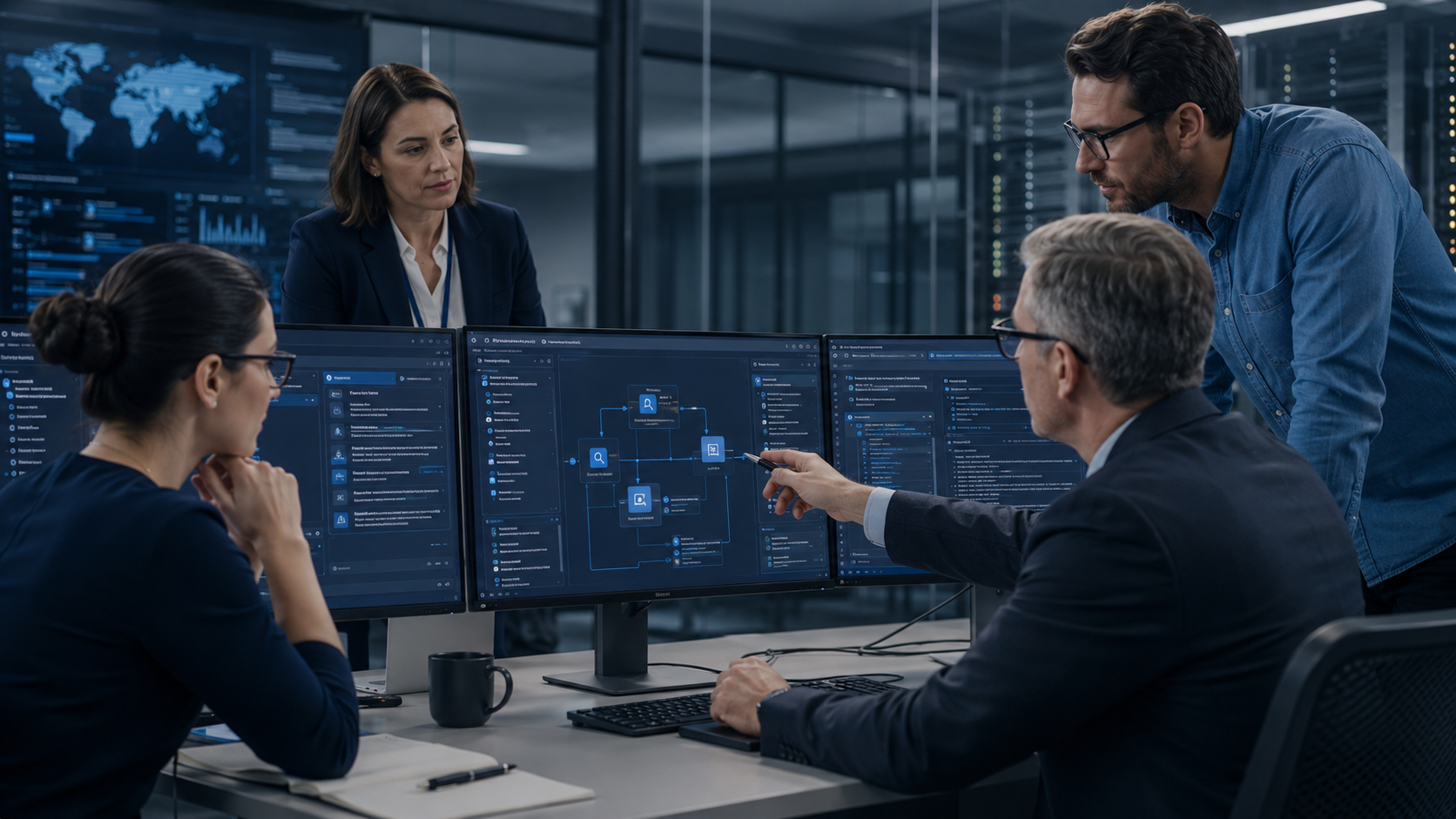 Engineering- und Security-Spezialisten prüfen einen Workflow für regulierte Suche und ein System zur Disclosure-Steuerung.
