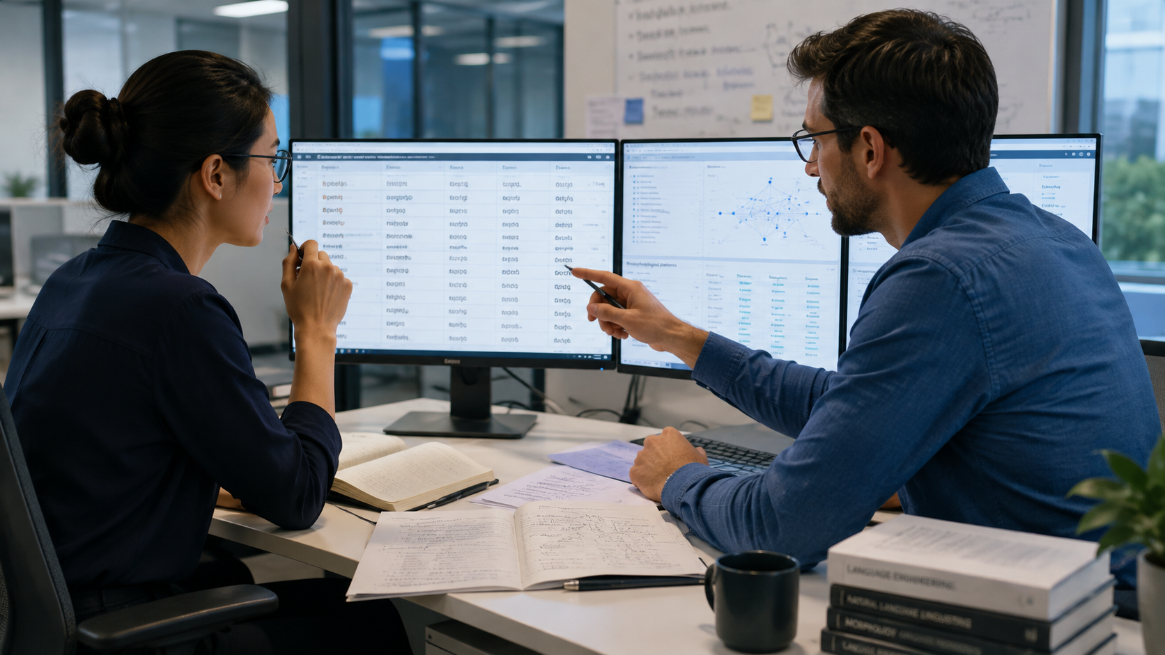 Profesionales de lingüística computacional e ingeniería lingüística revisando datos morfológicos multilingües en dos monitores.