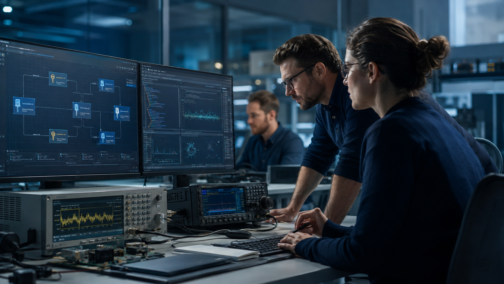 Kryptographie- und Systemingenieure arbeiten mit PKI-Dashboards, Funksignalinstrumenten und Analysen sicherer Workflows in einer Laborumgebung.